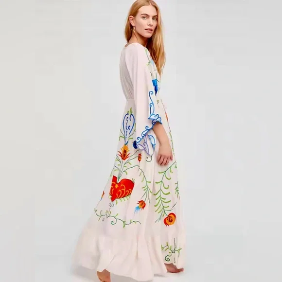 Boho Chic Floral & Bird Embroidered Flowy Maxi Dress V Neck wedding maternity - Picture 2 of 8